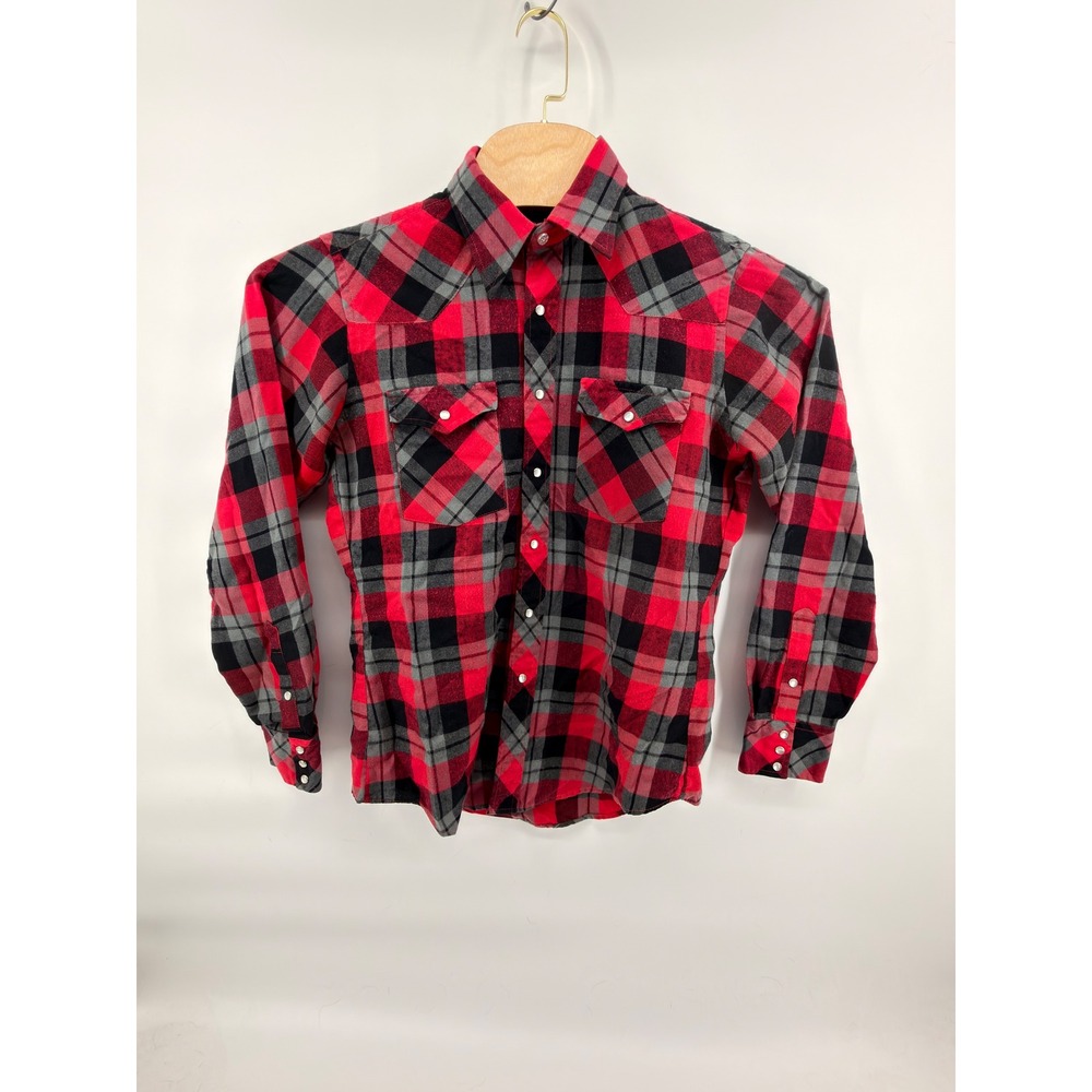 Vtg JCPenney Pearl Snap Plaid Western Shirt Live Hard Rock Patch Mens 16/35 L